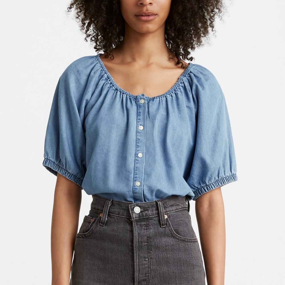 Levi's Leanne Chambray Denim Peasant Blouse Small Short Sleeve Button Front Top
